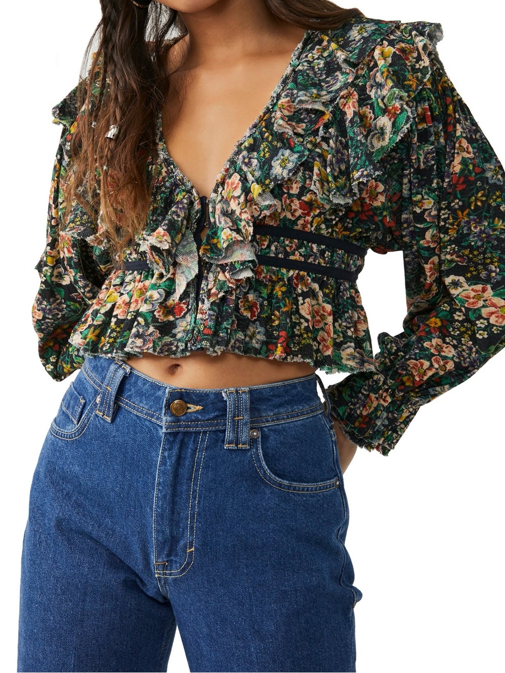 Free People Rudi Ruffle Long Sleeve Knit Cropped Top Floral Night Garden Medium